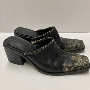 Western Snake Skin Leather Slide On Mules Black Tan Square Toe Sz 7.5